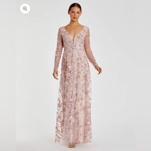 $398 NWT Mac Duggal 70224 Pink Floral Applique Long Sleeve Illusion Gown Size 10